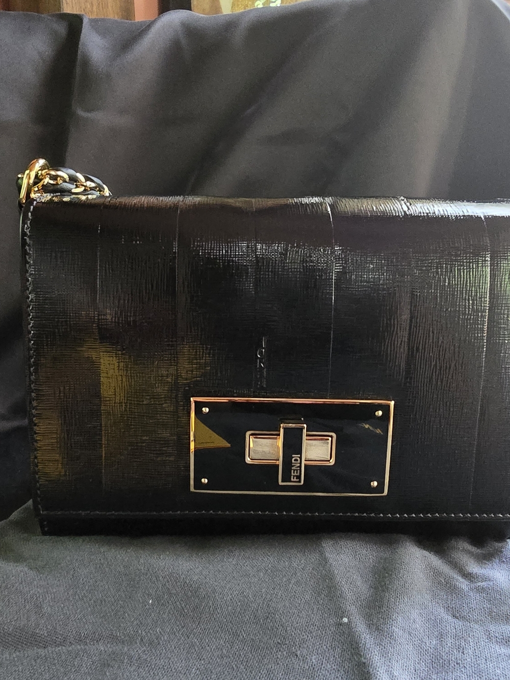 Fendi Black Patent Shoulder Bag with Gold-Tone Hardware